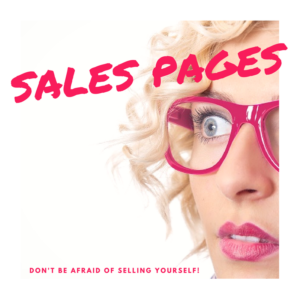 woman in pink glasses with caption about sales pages