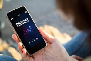 woman listening to a podcast